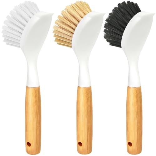 3-Pack Bamboo Handle Kitchen Dish Brushes for Pots, Pans & Veggies
