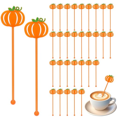36 Pcs Fall Pumpkin Coffee Stirrers - Halloween Drink Stir Sticks, Reusable Plastic