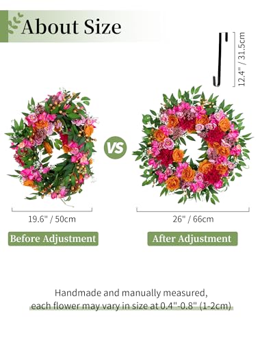 26-Inch Floral Summer Wreath for Front Door with Hanger, Pink and Orange