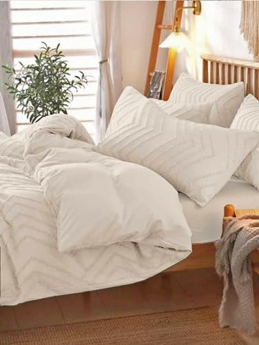 Nanko Full Size Beige Duvet Cover Set 3pc Boho Tufted Microfiber Bedding