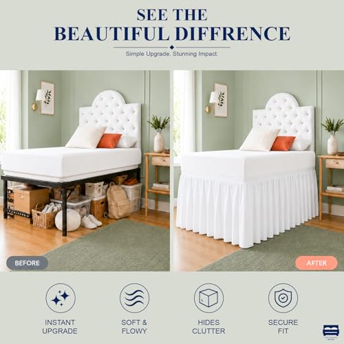 Twin XL Bed Skirt 32 Inch Drop - White Microfiber Dust Ruffle for Dorms