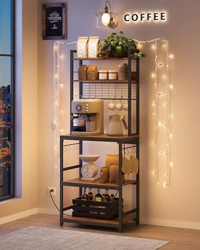 Industrial Bakers Rack with Power Outlet, Kitchen Microwave Storage Shelf