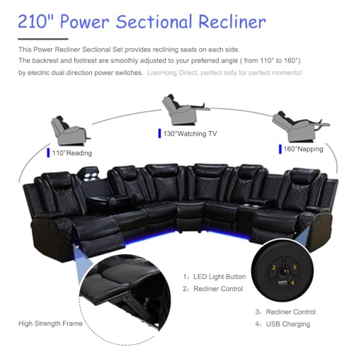 3-Piece Power Reclining Sectional Sofa with LED Lights, USB & Storage