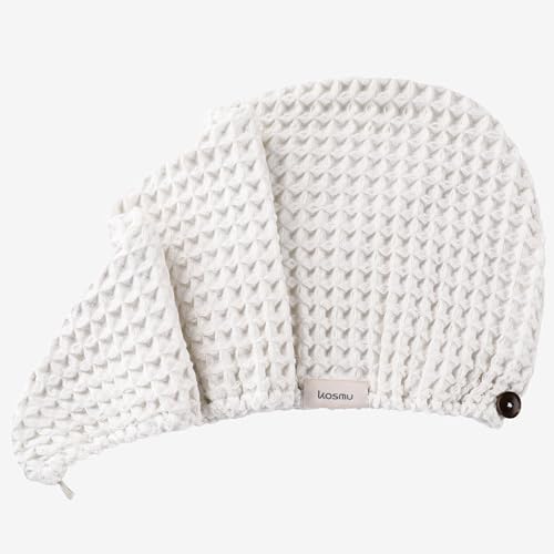 KOSMU Organic Japanese Cotton Hair Towel Wrap Shell White for Women – Quick-Dry Head Turban, Extra Large for Long & Curly Hair