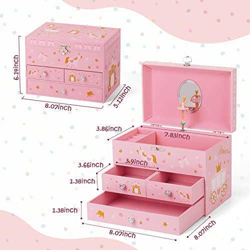 Pink Musical Jewelry Box for Girls - Unicorn & Ballerina Spinner, 3 Drawers, Gift Ready