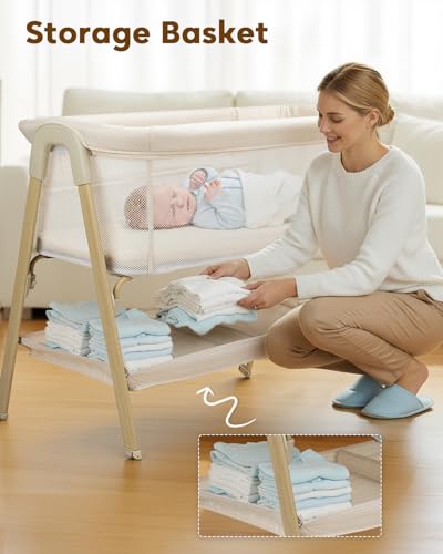 2-in-1 Bedside Bassinet Sleeper with Mattress, Wheels & Storage Basket