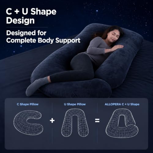 ALLOPERA 57-Inch U-Shaped Pregnancy Pillow, Full Body Maternity Pillow with Adjustable Fill and Washable Cover, Black Grey