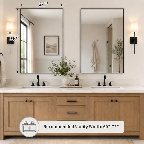 2-Pack 24x36 Inch Matte Black Bathroom Vanity Wall Mirrors, Tempered Glass