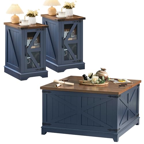 3-Piece Farmhouse Coffee Table and Nightstand Set with Hidden Storage