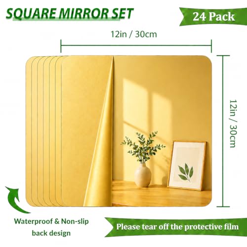24 Pack 12x12 Inch Square Acrylic Mirror Tiles for Centerpieces and Wall Decor