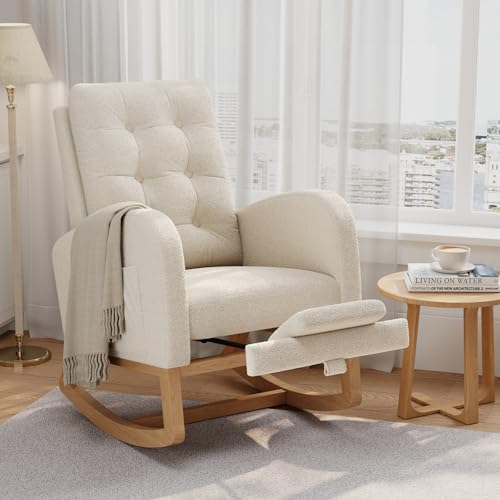 Nursery Rocking Chair with Adjustable Footrest and Teddy Fleece Upholstery