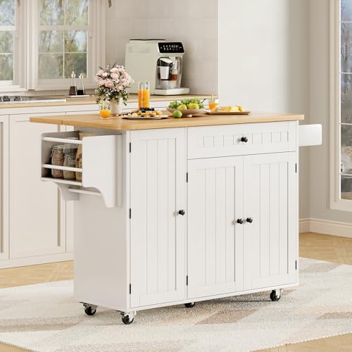 Kitchen Island with Storage, Rolling Cart with Drop Leaf and Spice Rack