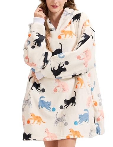 Huglanket Cat Lovers Hoodie Blanket – Cream Yarn Ball S, Oversized Flannel One Size