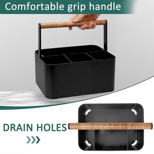 Portable Shower Caddy with Handle and Adjustable Dividers, Black
