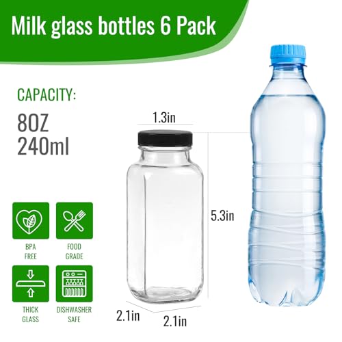 8 oz Square Glass Juice Bottles with Lids - 6 Pack Reusable Drink Containers