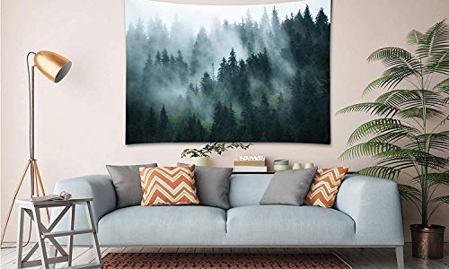 Green Foggy Forest Wall Tapestry - Misty Pine Woodland Decor (80" x 60")