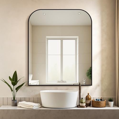 36x30 Inch Rounded Rectangle Bathroom Mirror, Black Metal Frame Wall Mirror