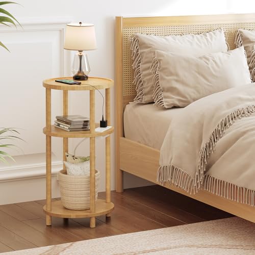 3-Tier Round Bamboo End Table with Charging Station and USB Ports