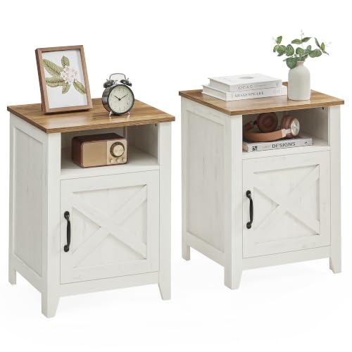 VASAGLE Farmhouse Nightstands Set of 2 with Barn Doors - Rustic White & Honey Brown, No Power
