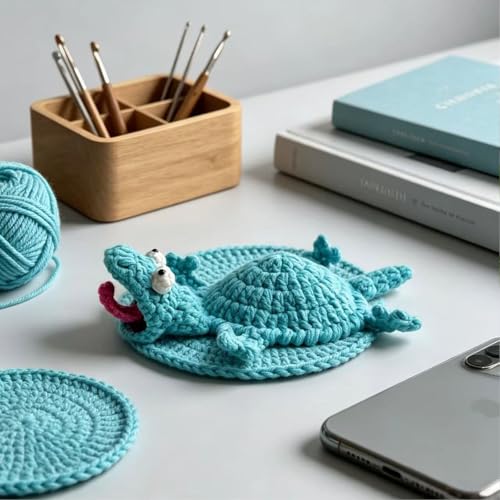 Green Crochet Lizard Coaster - Handmade 3D Amigurumi Mug Rug, Fun Decorative Drink Mat