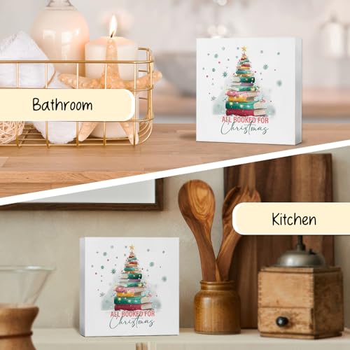 Christmas Tree Bookish Wooden Desk Sign - All Booked for Christmas Gift, 5x5 Inch
