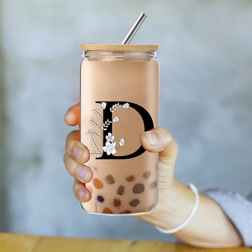 Monogrammed Initial Glass Cup with Lids, Straws & Gift Box - Variation: glassw cup-d