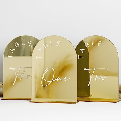 Gold Mirror Arched Acrylic Table Numbers 1-10 with Stands (5x7 Inch)