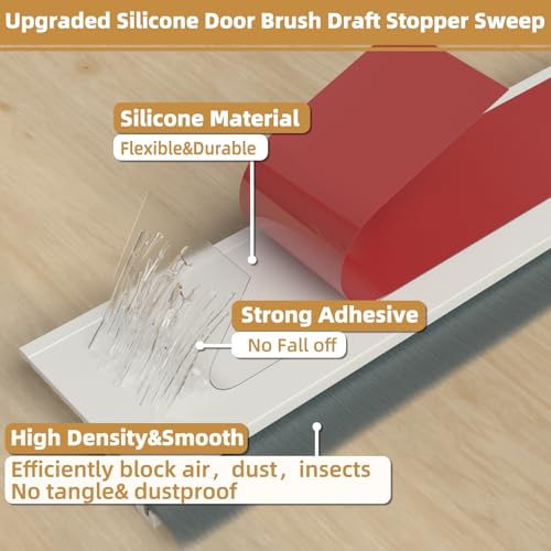 39-Inch Door Draft Stopper with Brush - Adhesive Door Sweep, White