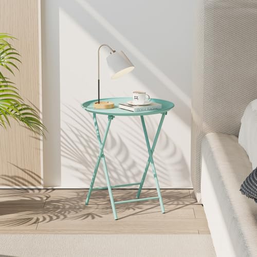 Folding Round Metal Side Table, Green Tray Table Set (2 Pack)