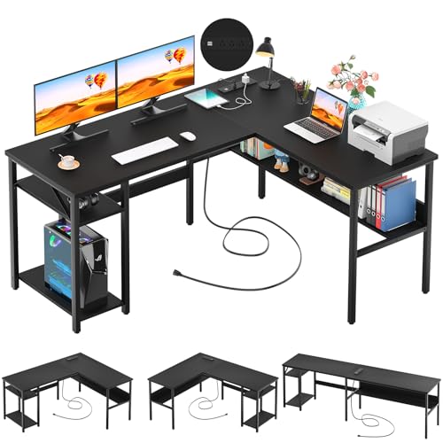 Reversible L-Shaped Computer Desk with Power Outlets and USB Charging Ports