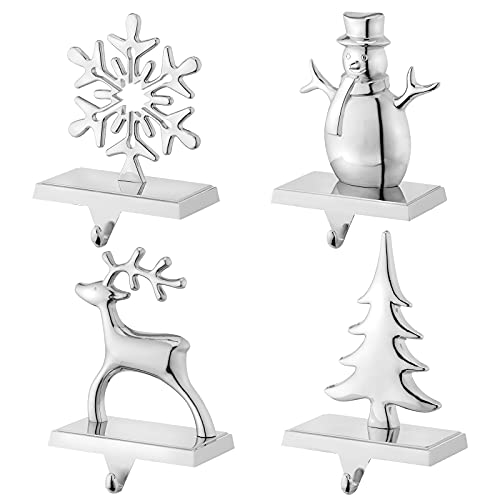 Set of 4 Metallic Christmas Stocking Holders for Mantel, Silver