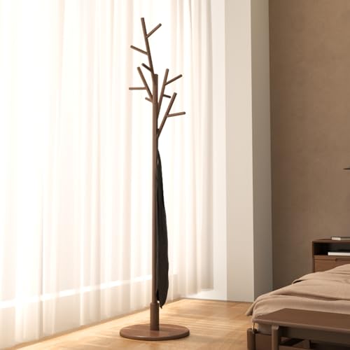 Solid Wood Freestanding Coat Rack with 12 Hooks, Adjustable Height Coat Tree