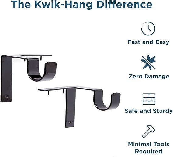 No-Drill Curtain Rod Bracket Set with Center Support - Matte Black
