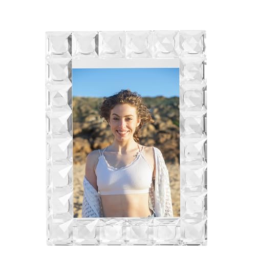 kitCom 5x7 Inch Crystal Photo Frame with Grid Diamond Craft - Keepsake Wedding Decor, Tabletop Display, Gift Box