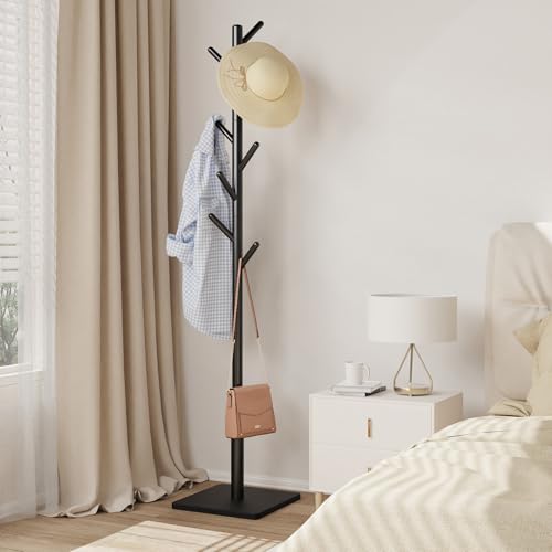 Freestanding Wooden Coat Rack with 8 Hooks and Stable Square Base
