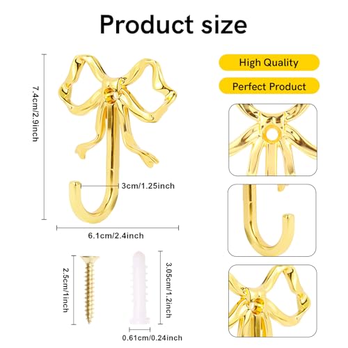 5-Pack Decorative Gold Bow Wall Hooks - Metal Towel & Coat Hangers