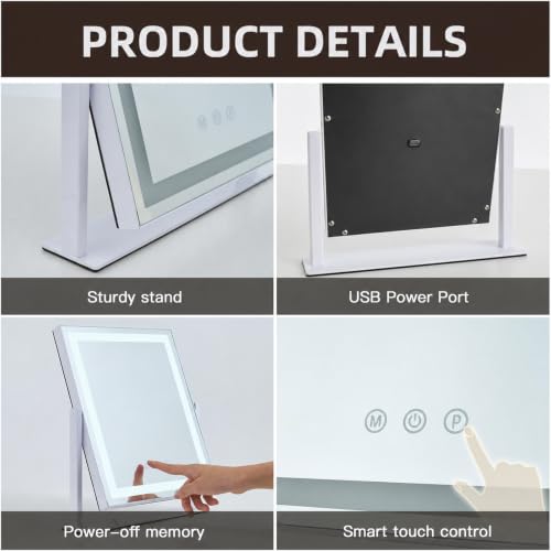 Homtang 13.2 x 11.2 Inch Lighted Makeup Mirror with Touch Control & 3 Color Modes