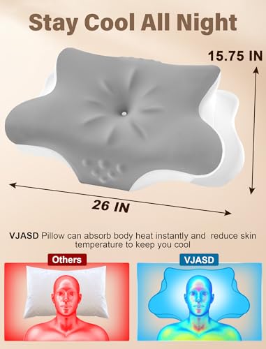 VJASD Grey Queen Cervical Neck Pillow for Pain Relief - Orthopedic Memory Foam with Cooling Cover