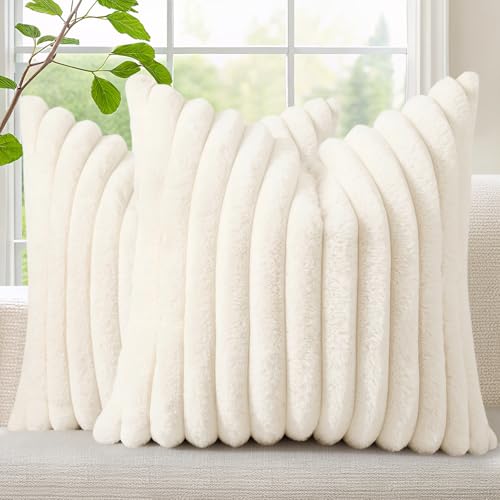 Faux Fur Throw Pillow Covers 18x18 Set of 2 - Soft Plush Cream White