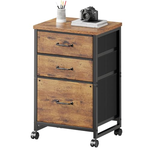 3-Drawer Mobile File Cabinet with Open Storage Shelf, Rustic Brown