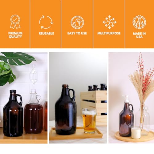 Amber Glass Growler Jugs 64oz with Polyseal Caps 2 Pack