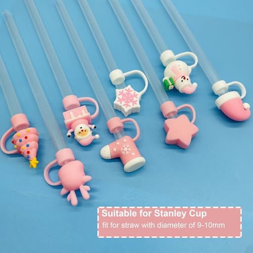 Coio 8Pcs Pink Christmas Straw Toppers for Stanley 30/40 oz Cups - 10mm Silicone Santa 3D Cap Lids (Variation: color 2)