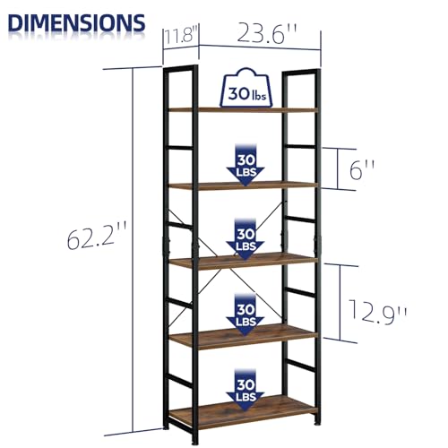 5-Tier Industrial Bookshelf, Tall Freestanding Storage Organizer Unit