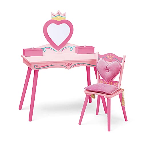 Kids Wooden Vanity and Chair Set with Mirror and Jewelry Storage - Pink