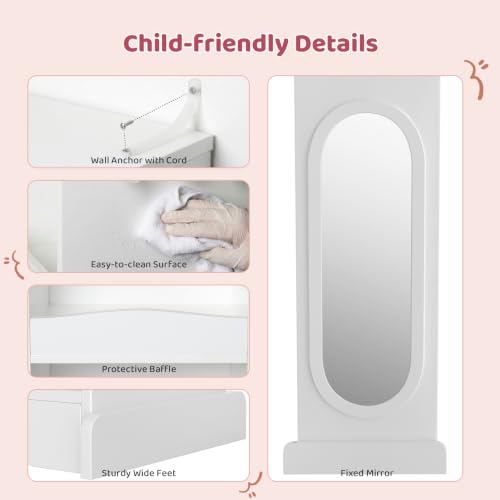 Kids Wardrobe Closet with Mirror, Hanging Rod & Storage Shelves (White)