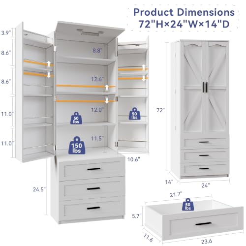 72" Tall Kitchen Pantry Cabinet with LED Lighting, 3 Drawers & Barn Doors