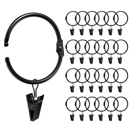 2-Inch Openable Curtain Rings with Clips - 24 Pack Metal Rustproof Drapes