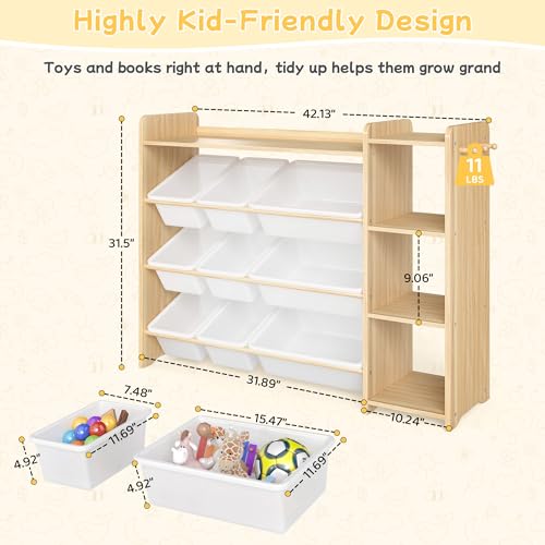 Kids Toy Storage Organizer with 9 Bins and 3-Tier Wooden Shelves
