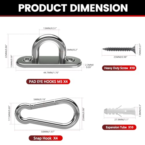 Stainless Steel Pad Eye Snap Hook M5 Ceiling Hanging Kit 500Lb
