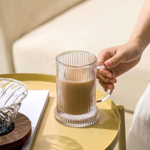 Joeyan Clear Ribbed 13oz Glass Tumbler with Lid, Straw & Handle – 2-Pack, Dishwasher Safe (Variation: Clear Ribbed Glass Tumbler)